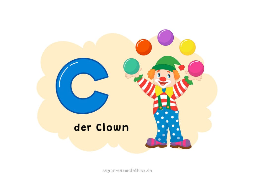 – Deutsches Alphabet Buchstabe C mit Wortbeispiel „der Clown“ – großer blauer C Buchstabe und Clown beim Jonglieren, Kinder Alphabetbild