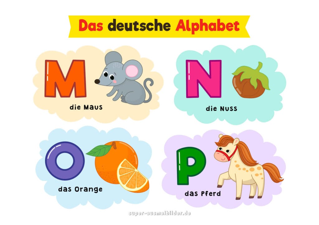 Deutsches Alphabet Buchstaben M N O P mit Bildern Maus, Nuss, Orange, Pferd, Alphabet Buchstaben kostenlos zum Drucken für Kinder