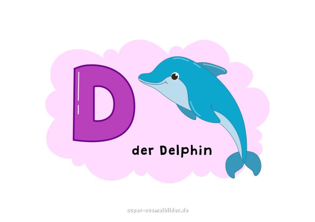 – Deutsches Alphabet Buchstabe D mit Wortbeispiel „der Delphin“ – großer violetter D Buchstabe und schwimmender Delfin, Lernmotiv für Kinder