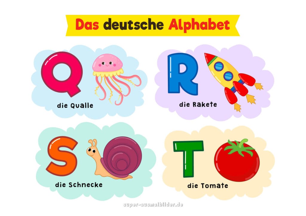 Alphabet Buchstaben Q R S T aus dem deutschen Alphabet Qualle, Rakete, Schnecke, Tomate, kostenlose Buchstaben Bilder zum Ausdrucken