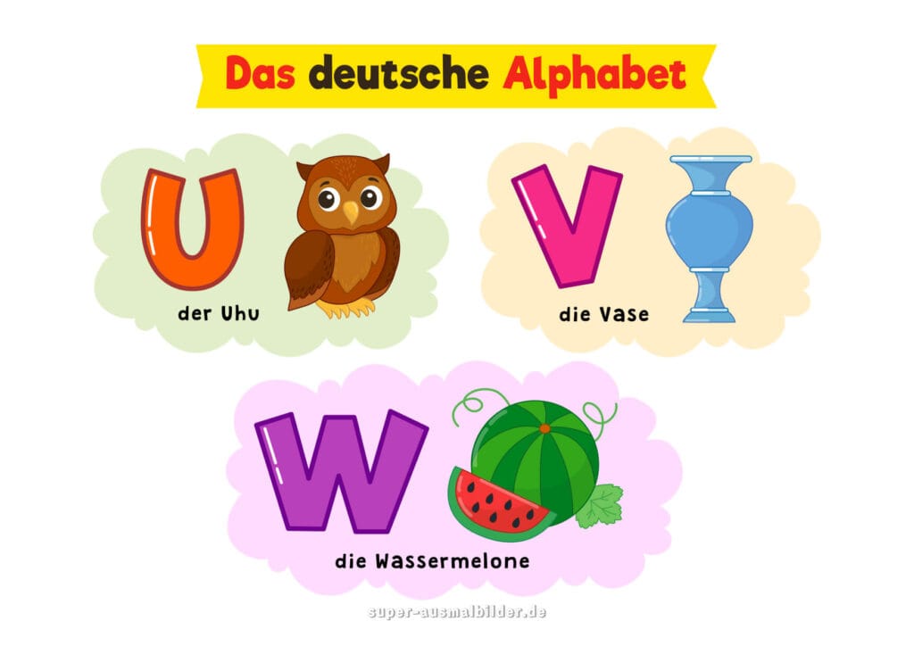 Deutsche Alphabet Buchstaben U V W mit Bildern Uhu, Vase, Wassermelone, Alphabet Buchstaben für Kinder zum Drucken kostenlos