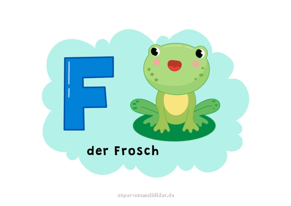 – Deutsches Alphabet Buchstabe F mit Wortbeispiel „der Frosch“ – großer blauer F Buchstabe und Frosch auf Seerosenblatt, Lernkarte für Kinder