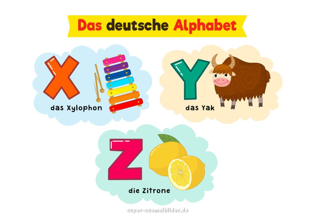 Alphabet Buchstaben X Y Z aus dem deutschen Alphabet Xylophon, Yak, Zitrone, kostenlose Alphabet Buchstaben zum Ausdrucken für Kinder