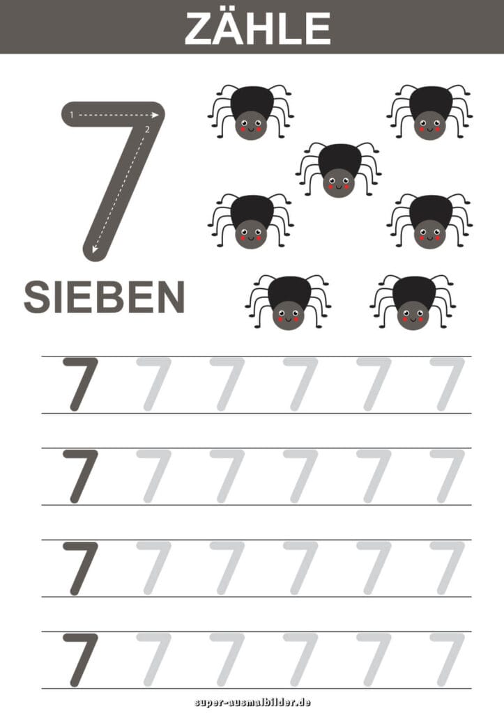 , Lernblatt Zahl – Zähle die Tiere und wiederhole die Zahl in den Zeilen, gratis Lernblatt für Kinder