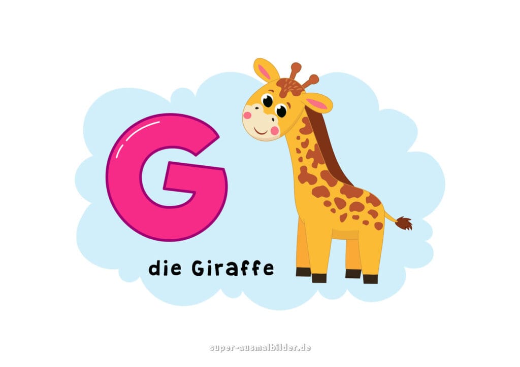 – Deutsches Alphabet Buchstabe G mit Wortbeispiel „die Giraffe“ – großer pinker G Buchstabe und freundliche Giraffe, Kinderillustration