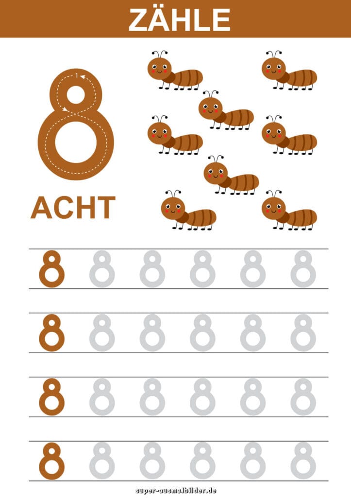 , Lernblatt Zahl – Übung Tiere zählen und Zahl mehrfach aufschreiben, Arbeitsblatt kostenlos für Kinder
