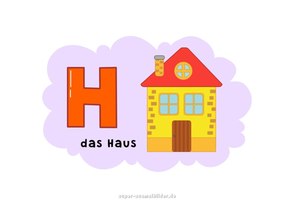 – Deutsches Alphabet Buchstabe H mit Wortbeispiel „das Haus“ – großer oranger H Buchstabe und gelbes Haus mit rotem Dach, Lernposter für Kinder