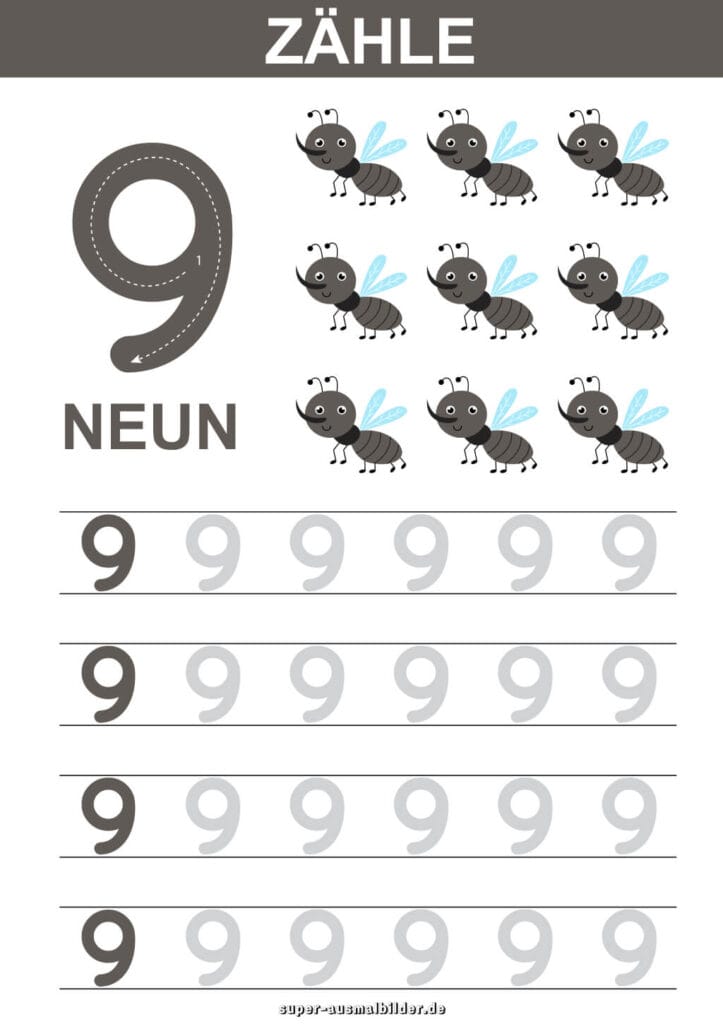 , Lernblatt Zahl – Zähle die Tiere und schreibe die Zahl mehrfach, Übungsblatt gratis zum Drucken für Kinder