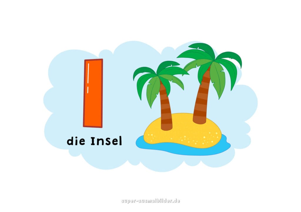 – Deutsches Alphabet Buchstabe I mit Wortbeispiel „die Insel“ – großer oranger I Buchstabe und tropische Insel mit zwei Palmen, Lernbild für Kinder