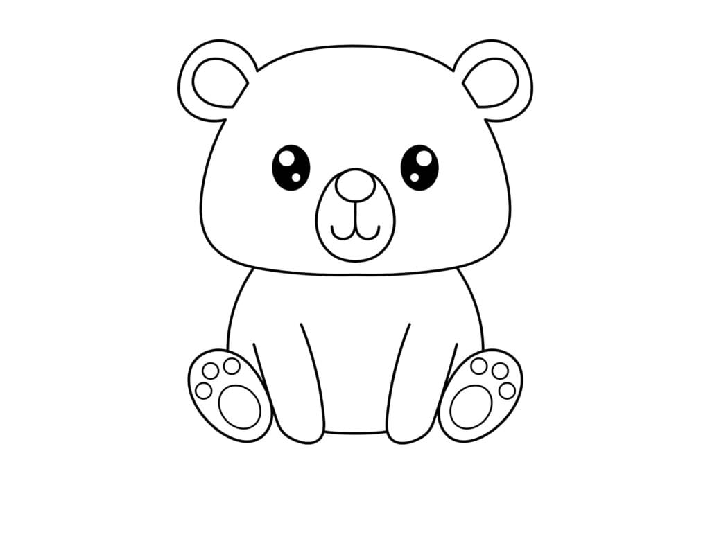 Ausmalbild Bär Süßer kleiner Bär im Sitzen mit Knopfaugen, Malvorlage für Kinder kostenlos zum Drucken