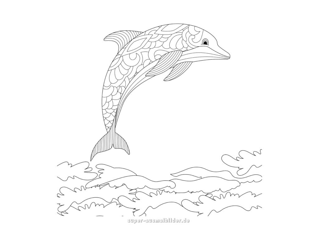 Ausmalbild Delphin – Delfin springt aus den Wellen, dekorative Malvorlage zum Drucken und Ausmalen, kostenlos für Kinder