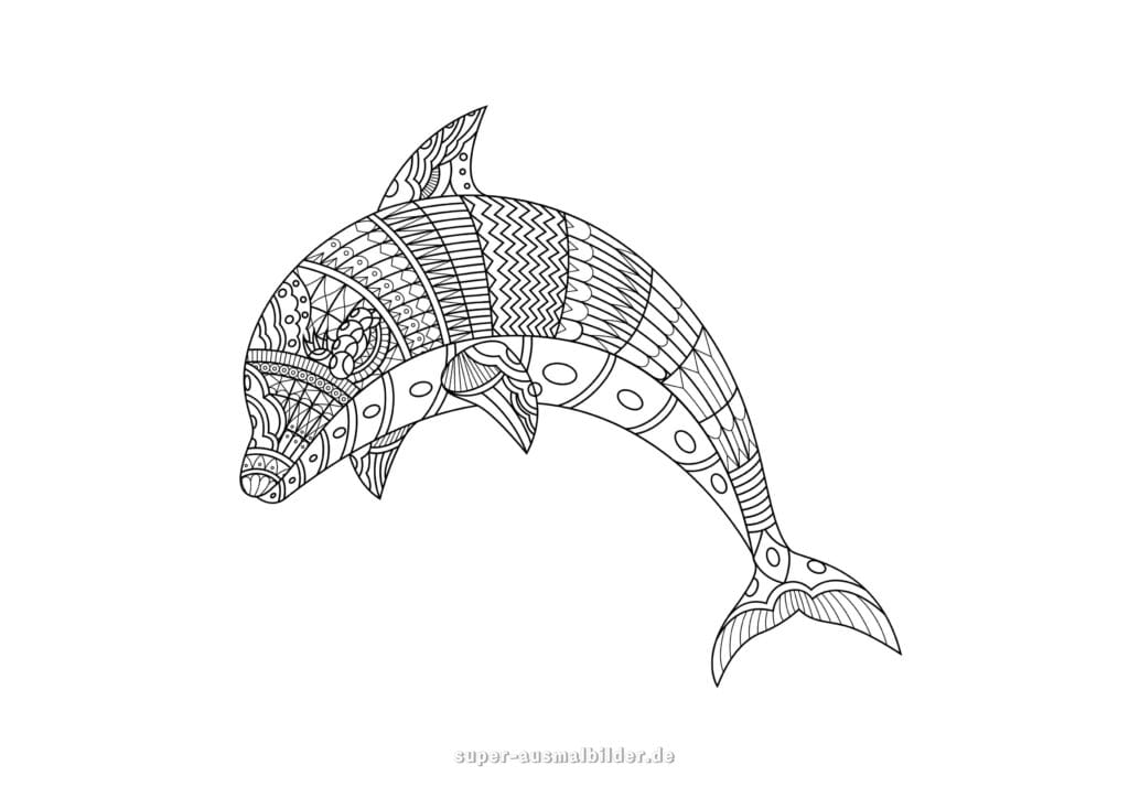 Ausmalbild Delphin – Detaillierte Malvorlage mit kunstvollen Mustern und Ornamenten, Delphin zum Ausmalen kostenlos für Kinder und Erwachsene zum Drucken