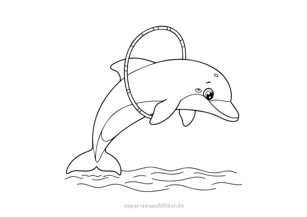 Ausmalbild Delphin – Lustiger Delphin springt durch einen Reifen über das Wasser, Malvorlage zum Ausdrucken kostenlos für Kinder