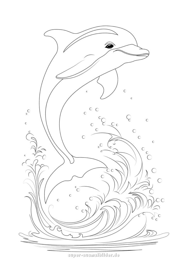Ausmalbild Delphin – großer Delfin springt dynamisch durch die Wellen, detailreiche Malvorlage zum Ausdrucken und Ausmalen