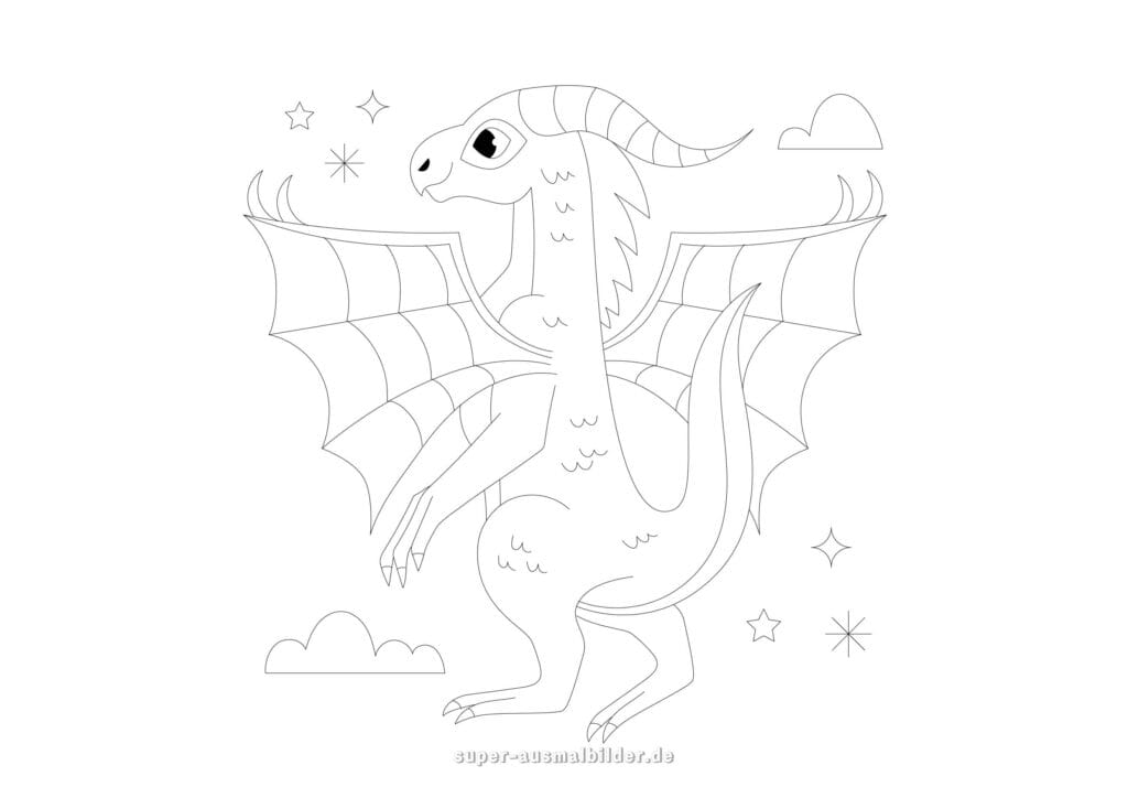 Ausmalbild Drache – Schlanker Drache mit Hörnern und Flügeln, Drachen zum Ausmalen für Kinder, kostenlose Malvorlage zum Drucken