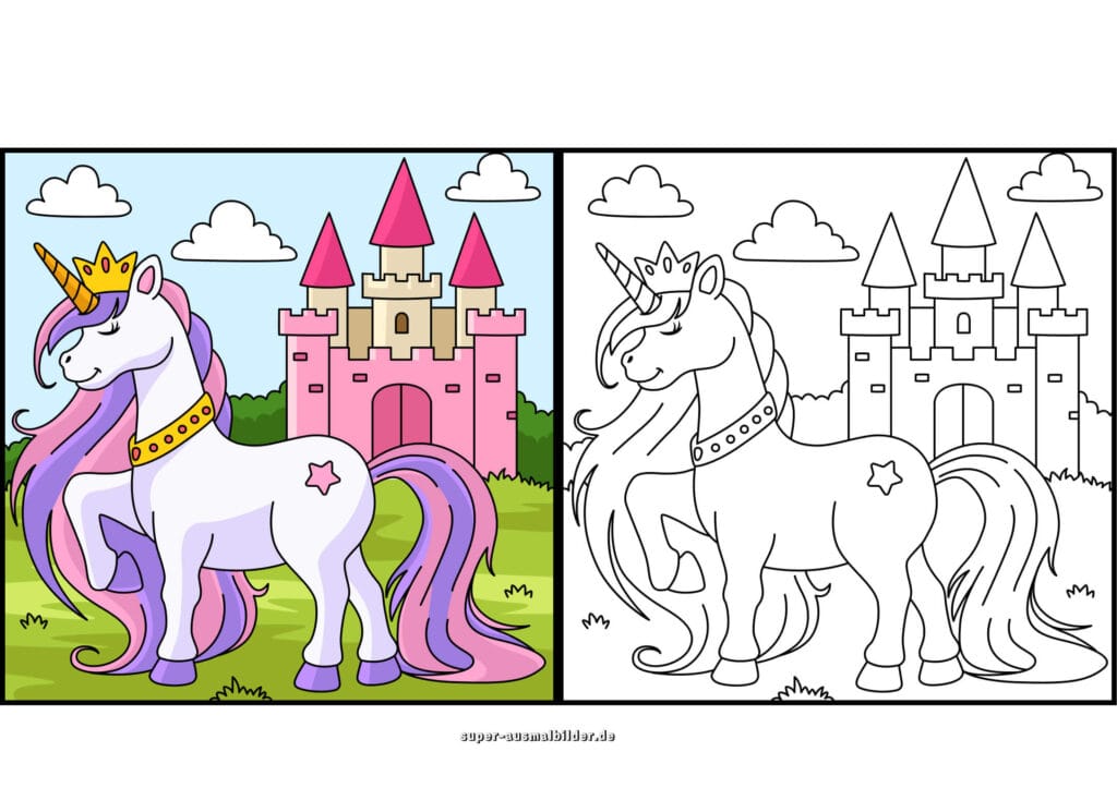 Ausmalbild Einhorn Prinzessin – Einhorn mit Krone vor Prinzessinnen Schloss, Malvorlage zum Ausdrucken für Kinder (mit farbigem Beispiel)