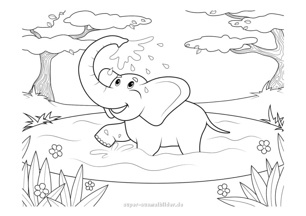 Ausmalbild Elefant Elefant spielt mit Wasser im Fluss, Malvorlage zum Drucken für Kinder