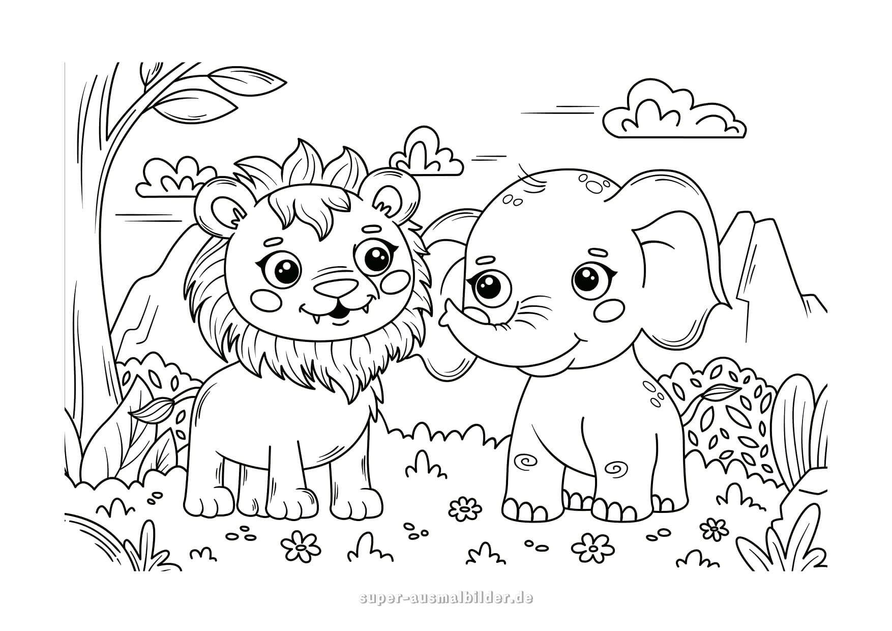 Ausmalbild Elefant Elefant und Löwe im Dschungel, Malvorlage zum Ausmalen für Kinder