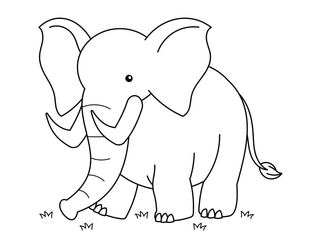 Ausmalbild Elefant großer Elefant mit langen Stoßzähnen, Malvorlage für Kinder zum Drucken und Ausmalen, kostenlos