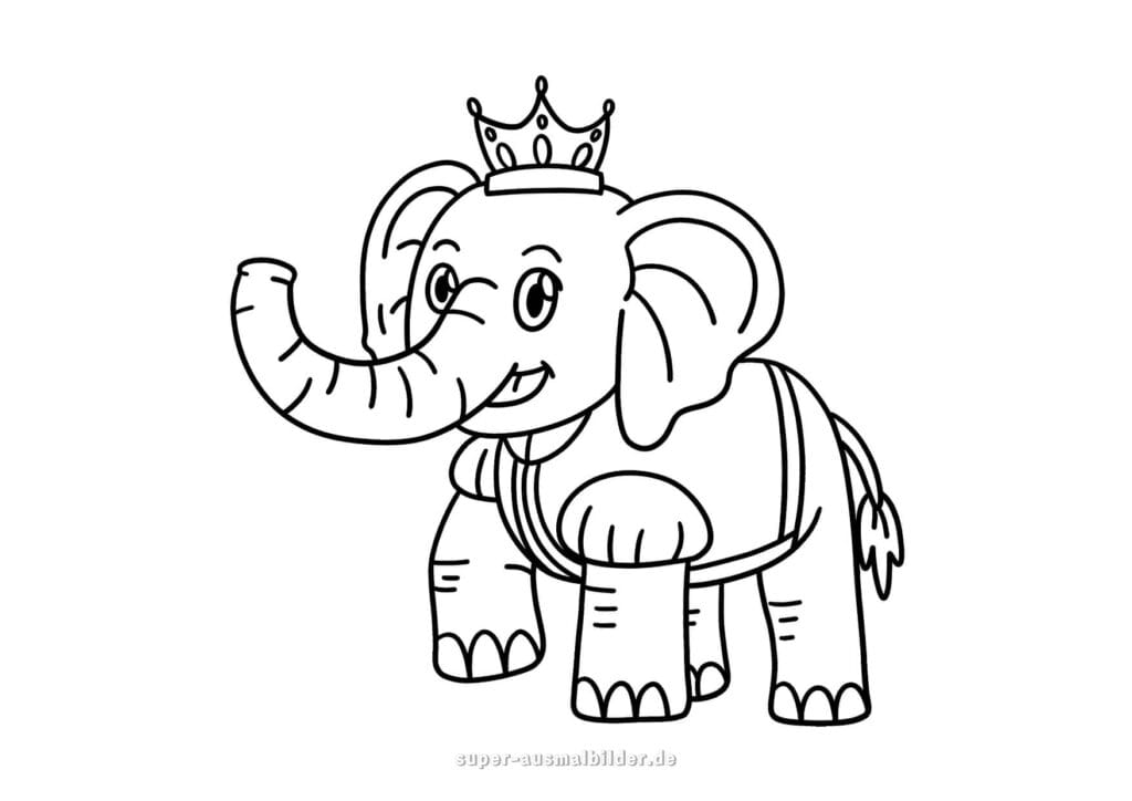 Ausmalbild Elefant süßer Elefant mit Krone, Malvorlage zum Ausmalen für Kinder kostenlos