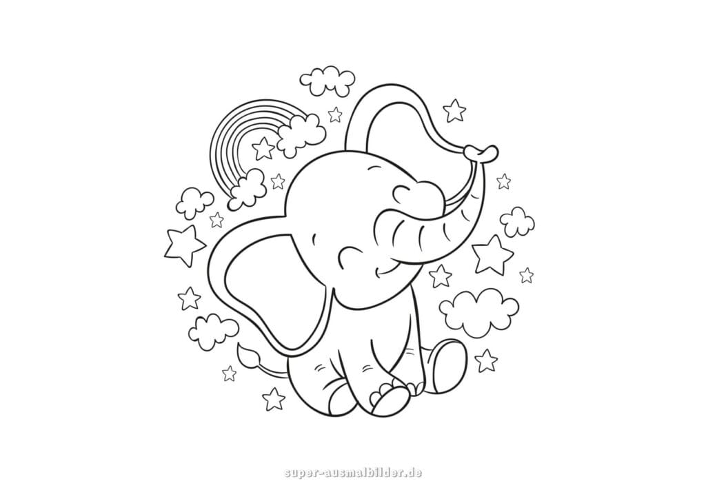 Ausmalbild Elefant – Afrikanischer Elefant mit langen Stoßzähnen, realistische Elefantenzeichnung zum Ausmalen
