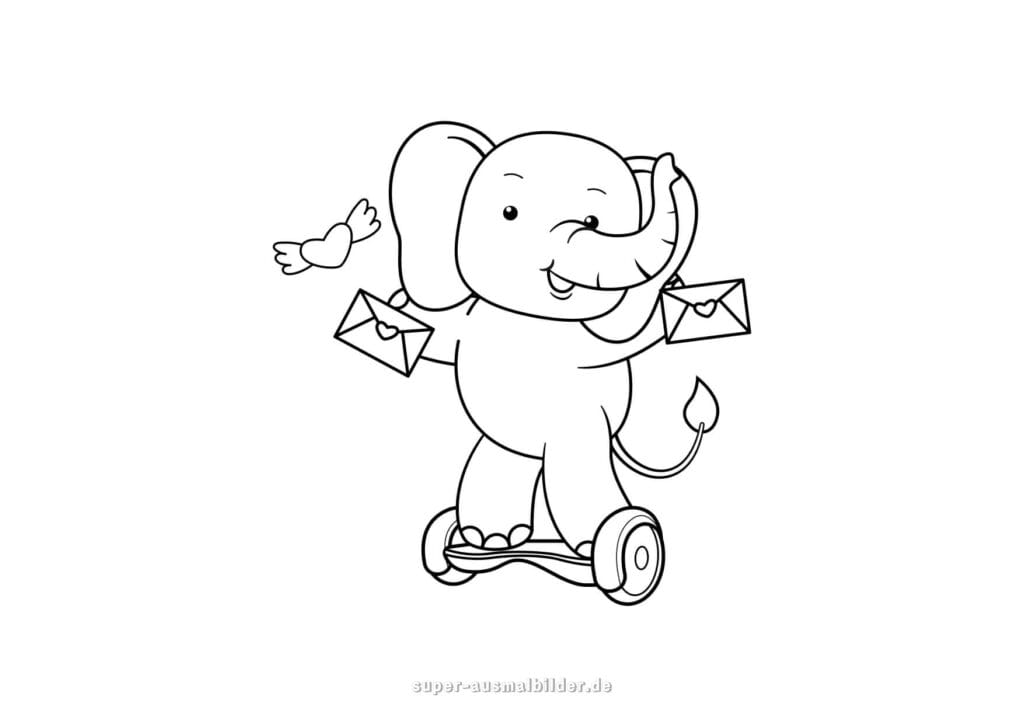 Ausmalbild Elefant – Comic Elefant fährt Hoverboard und trägt Briefe, kostenlose Vorlage zum Ausmalen für Kinder