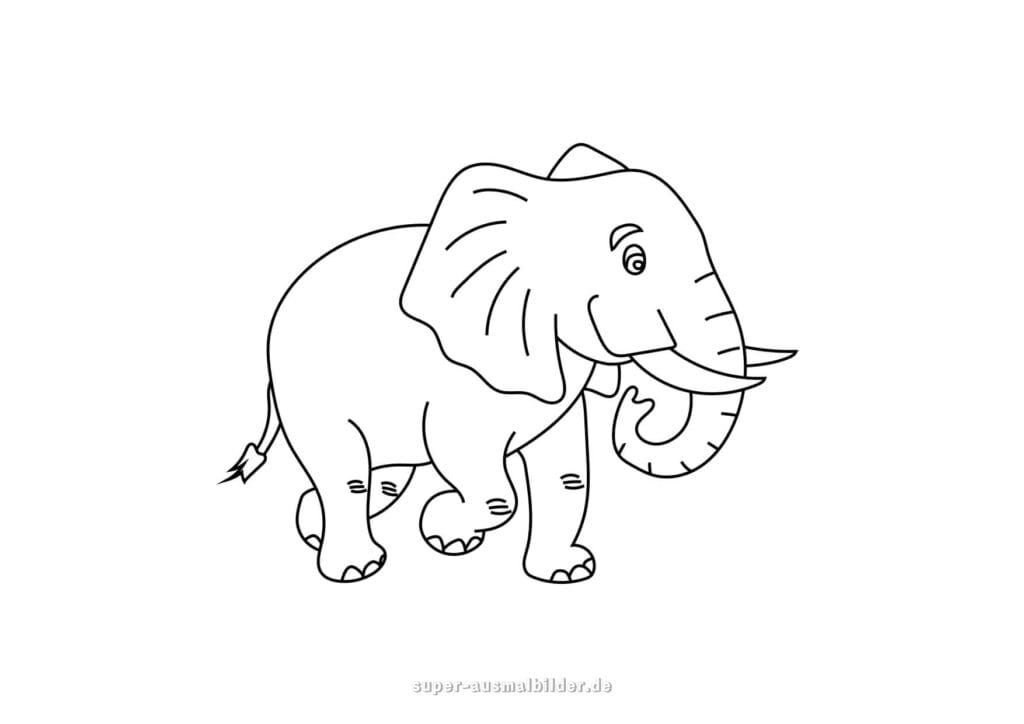 Ausmalbild Elefant – Comic Elefant läuft fröhlich, Malvorlage für Kinder kostenlos zum Ausmalen