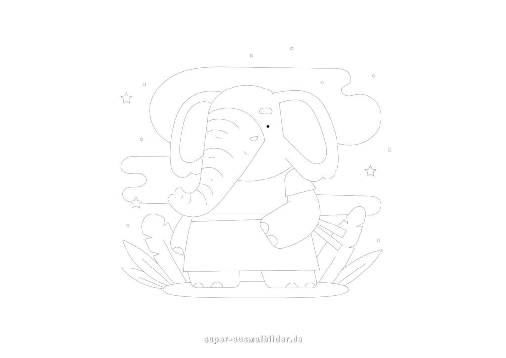 Ausmalbild Elefant – Comic Elefant mit Sonnenbrille und Musterkleidung, kreative Malvorlage zum Ausdrucken