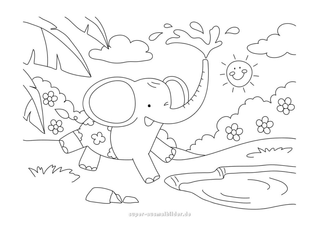 Ausmalbild Elefant – Lustiger Elefant mit Badehose spritzt Wasser, Malvorlage für Kinder kostenlos zum Ausdrucken