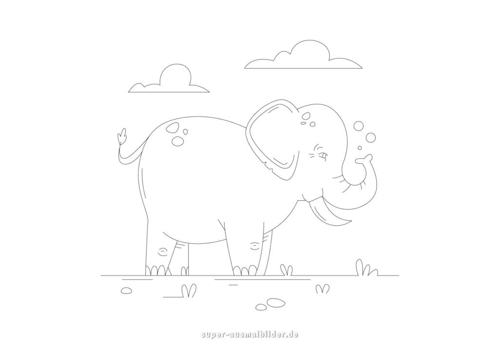 Ausmalbild Elefant – Realistische Elefantenzeichnung mit Rüssel in Bewegung, kostenlose Malvorlage zum Drucken