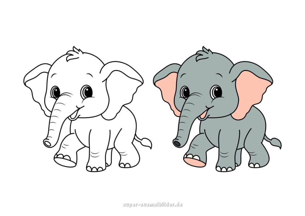 Ausmalbild Elefant – Süßer Baby Elefant sitzt lachend, Vorlage zum Ausmalen und Drucken für Kinder kostenlos