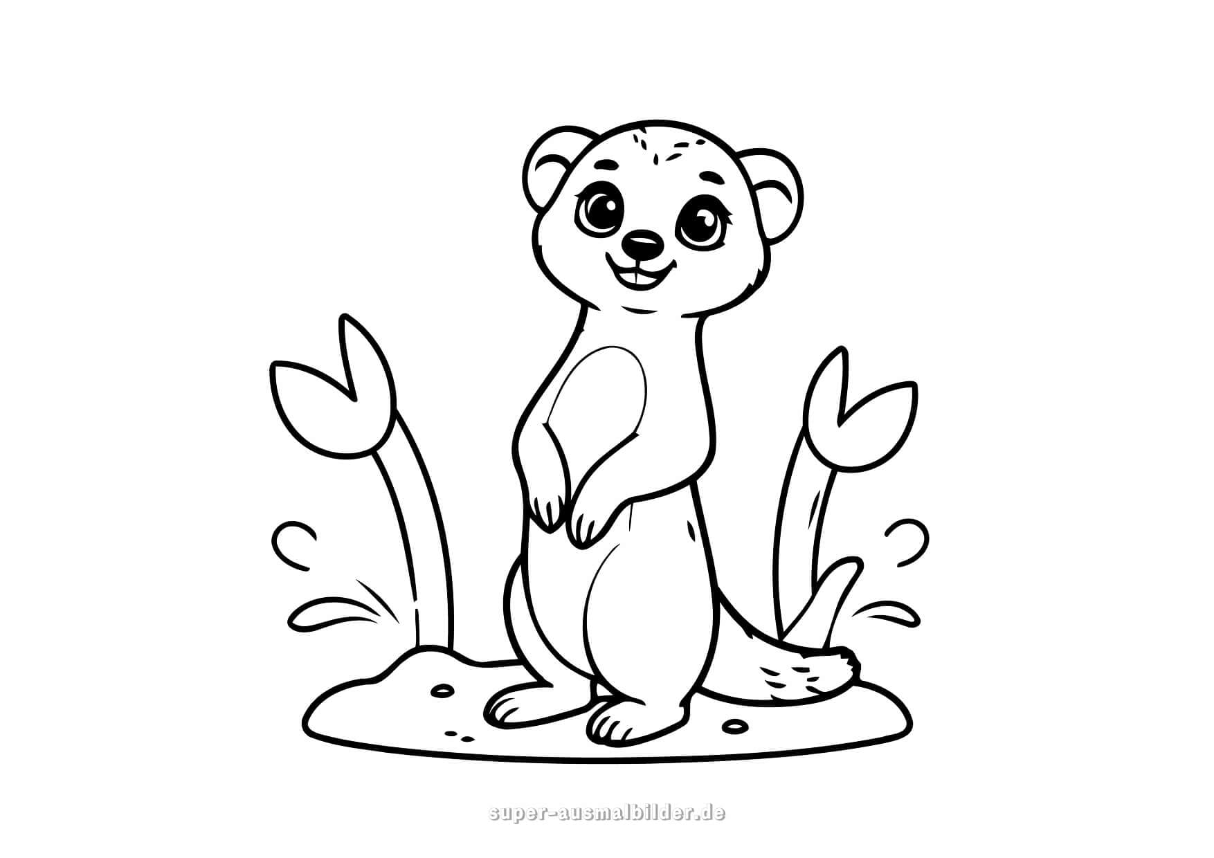 Ausmalbild Erdmännchen kleiner Surikat steht neugierig im Gras, Malvorlage zum Ausdrucken für Kinder