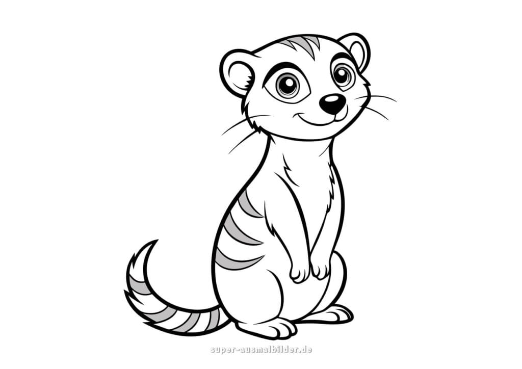 Ausmalbild Erdmännchen – Süßes Comic Erdmännchen mit großen Augen und gestreiftem Schwanz, kostenlose Malvorlage zum Ausdrucken für Kinder