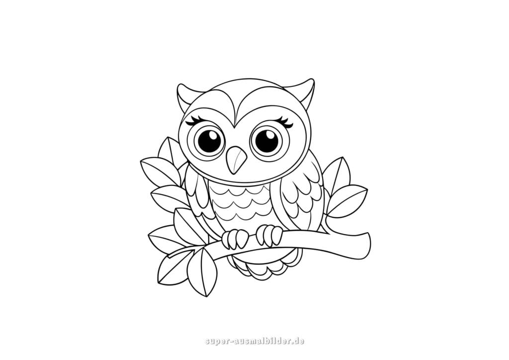 Ausmalbild Eule Kleine Eule auf Ast mit Blättern, süße Vorlage zum Ausmalen für Kinder kostenlos