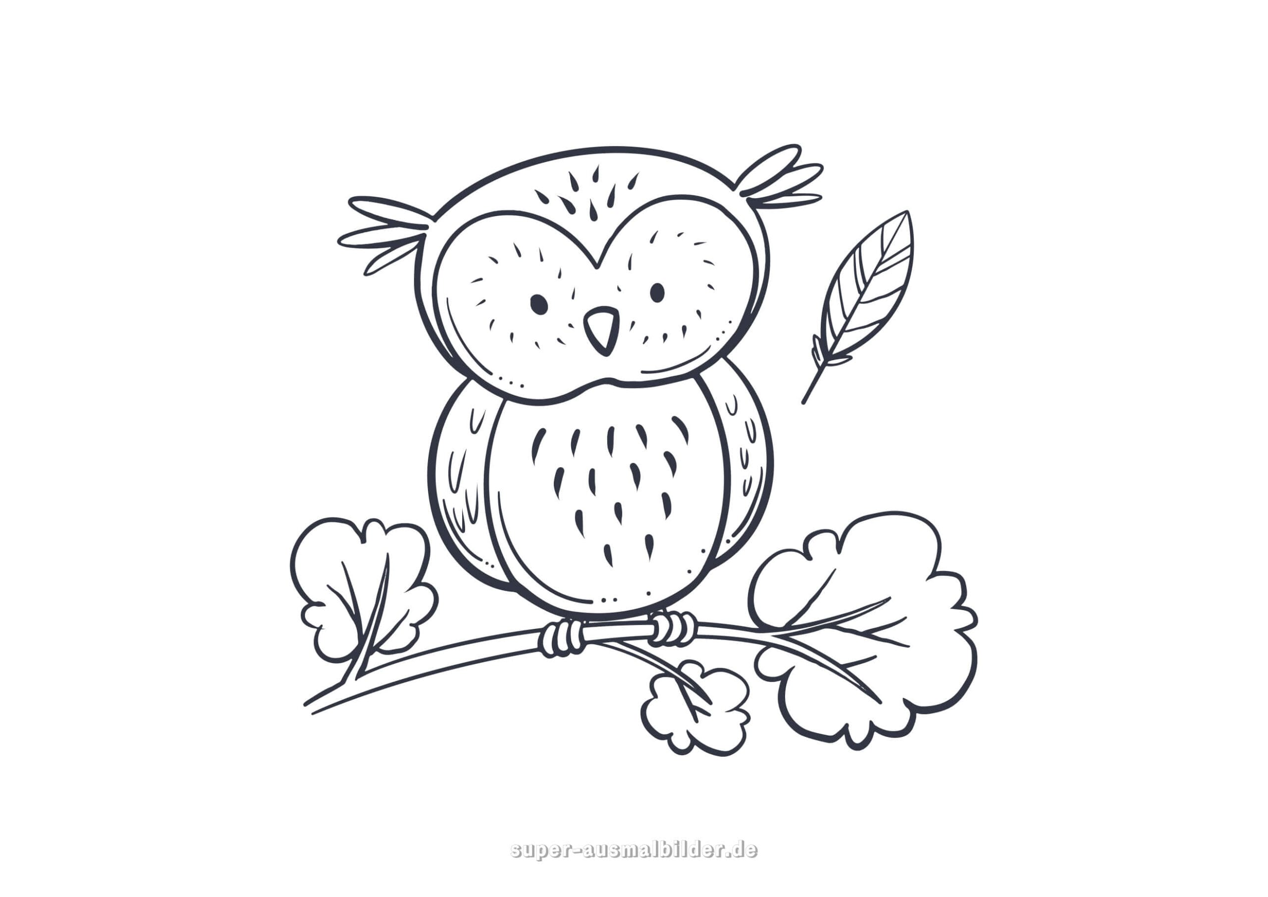 Ausmalbild Eule Runde Eule mit riesigen Augen auf Ast vor Vollmond, Malvorlage zum Drucken und Ausmalen kostenlos