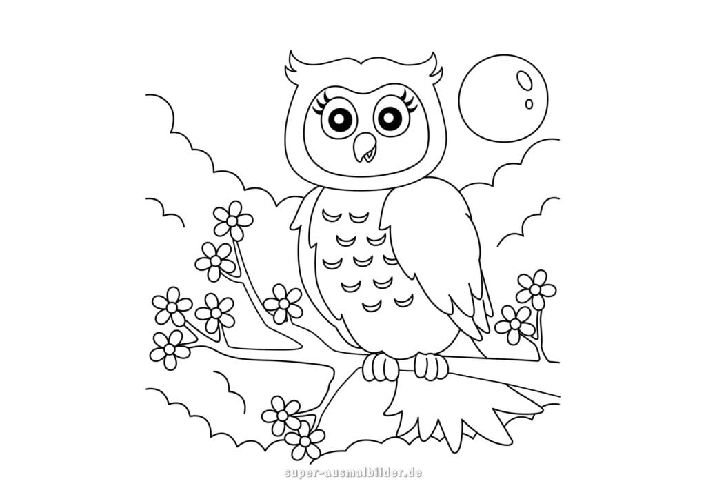 Ausmalbild Eule Süße Eule auf blühendem Ast mit Blumen und Mond am Himmel, einfache Malvorlage zum Ausdrucken für Kinder kostenlos