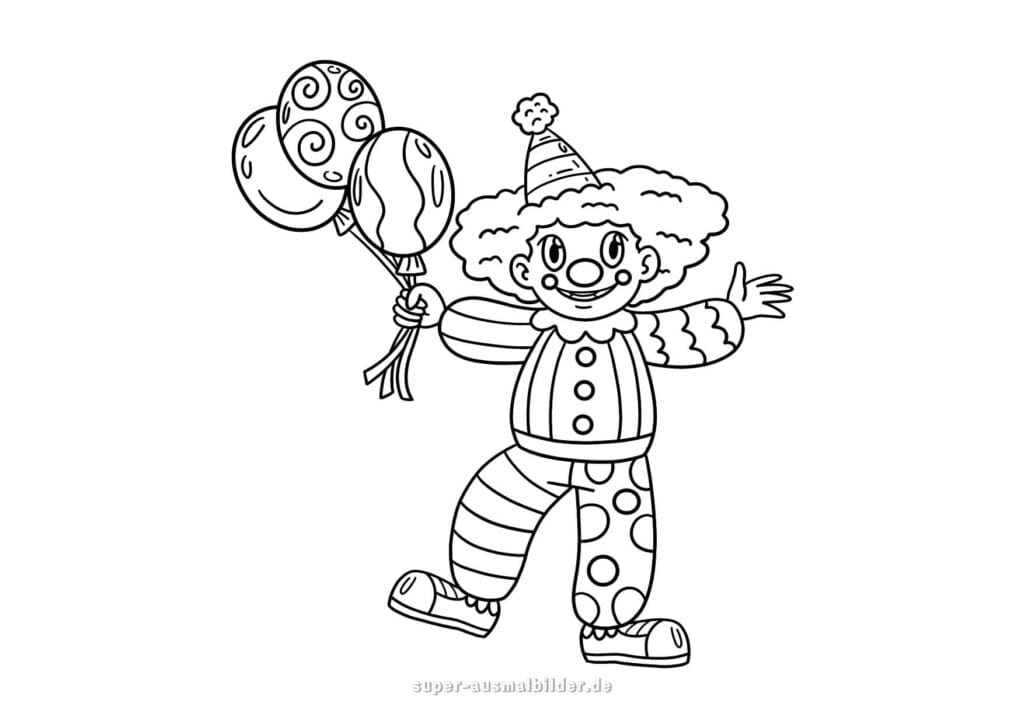 Ausmalbild Fasching Lustiger Clown mit Luftballons, bunte Kleidung und großer Partyhut, Malvorlage zum Ausmalen kostenlos für Kinder