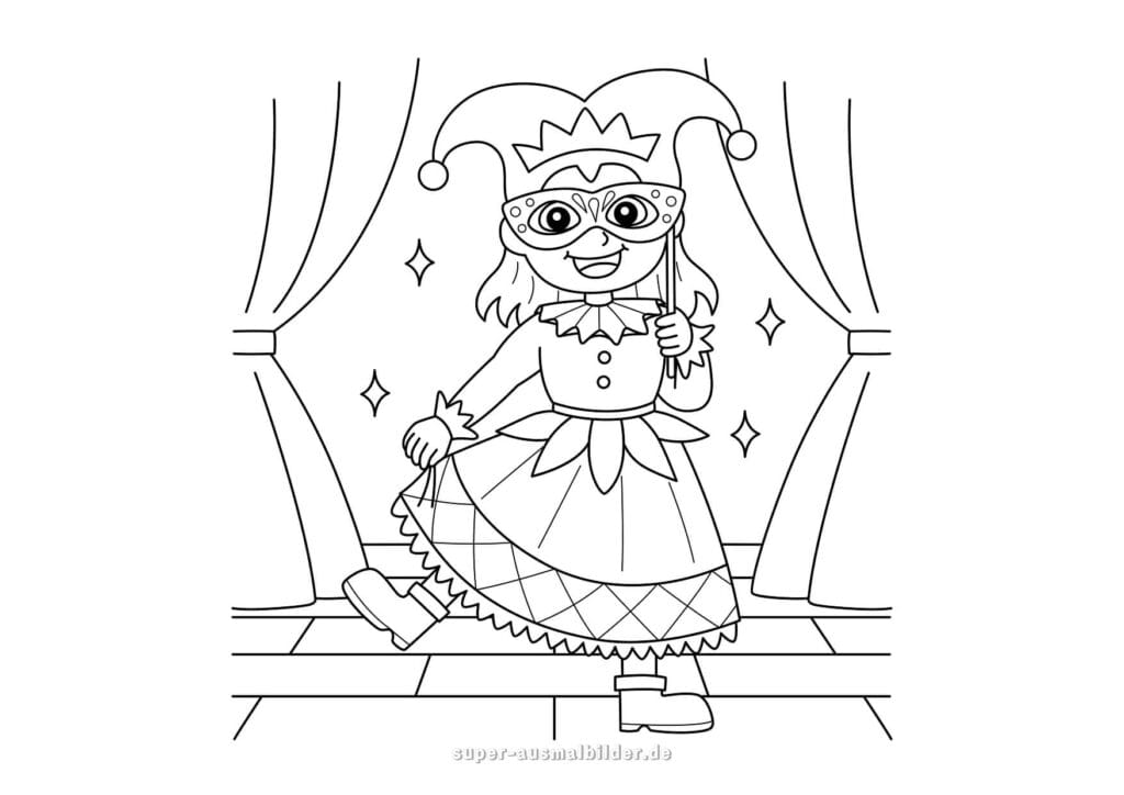 Ausmalbild Fasching Mädchen im Karnevalskleid mit Maske und Narrenkappe auf der Bühne, lustige Malvorlage zum Drucken und Ausmalen