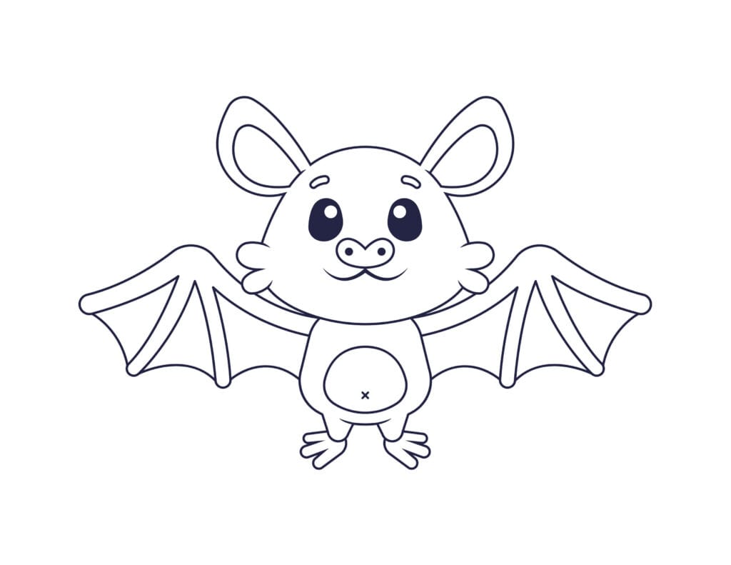 Ausmalbild Fledermaus niedliche Fledermaus mit großen Flügeln, Malvorlage für Kinder zum Ausmalen und Ausdrucken