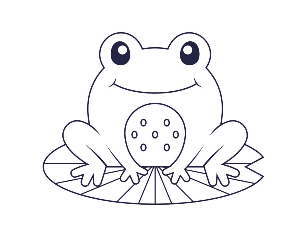 Ausmalbild Frosch lächelnder Frosch sitzt auf einem Seerosenblatt, Malvorlage zum Ausmalen für Kinder, kostenlos drucken