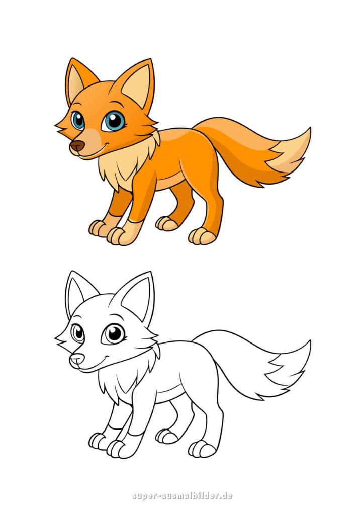 Ausmalbild Fuchs Cartoon Fuchs zum Ausmalen mit Vorlage in Farbe und Schwarz Weiß, kostenlose Malvorlage für Kinder zum Drucken