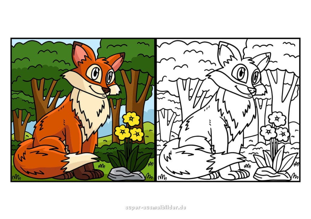 Ausmalbild Fuchs Fröhlicher Fuchs sitzt im Wald neben Blumen und Bäumen, kostenlose Malvorlage zum Drucken und Ausmalen für Kinder