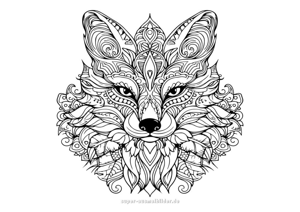 Ausmalbild Fuchs Mandala Künstlerischer Fuchskopf mit dekorativen Mustern, detailreiche Malvorlage kostenlos zum Drucken und Ausmalen