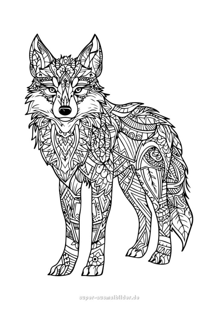 Ausmalbild Fuchs Mandala Realistischer Fuchs mit vielen Ornamenten und Mustern, detaillierte Fuchs Malvorlage kostenlos zum Ausmalen und Drucken