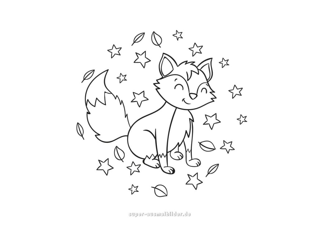 Ausmalbild Fuchs Niedlicher Fuchs mit Sternen und Blättern rundherum, einfache Malvorlage für Kinder kostenlos zum Drucken und Ausmalen