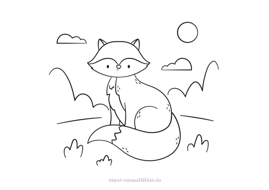 Ausmalbild Fuchs Ruhender Fuchs sitzt auf der Wiese mit Sonne und Wolken, schöne Malvorlage für Kinder kostenlos zum Drucken
