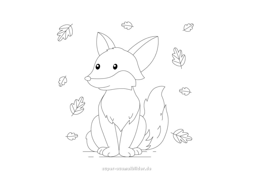 Ausmalbild Fuchs Sitzender Fuchs zwischen fallenden Herbstblättern, einfache Malvorlage für Kinder, kostenlos zum Drucken und Ausmalen
