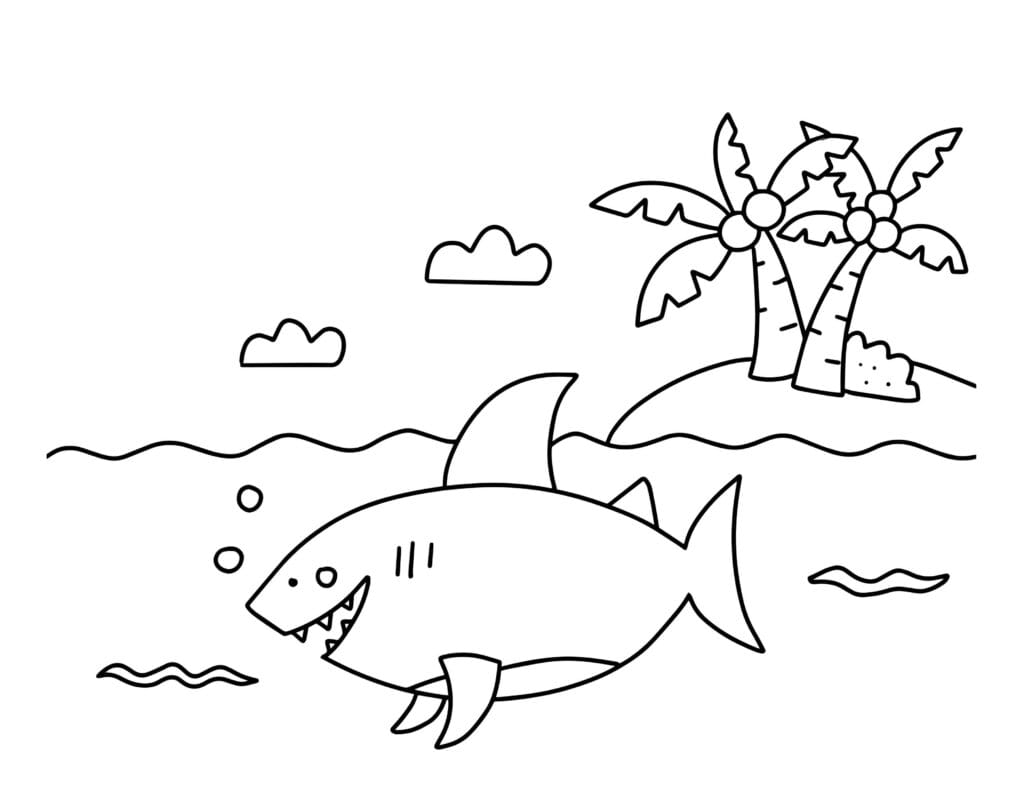 Ausmalbild Hai freundlicher Hai schwimmt im Meer bei einer Insel mit Palmen, Malvorlage für Kinder kostenlos zum Ausdrucken