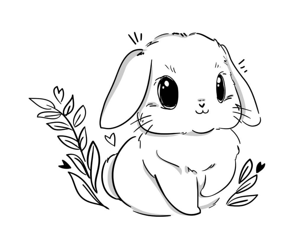 Ausmalbild Hase niedlicher kleiner Hase mit großen Augen und Pflanzen, Malvorlage für Kinder kostenlos zum Ausdrucken