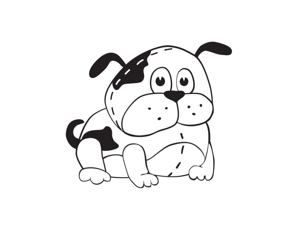 Ausmalbild Hund Süßer sitzender Welpe mit großen Augen und Flecken, kostenlose Malvorlage zum Ausdrucken für Kinder